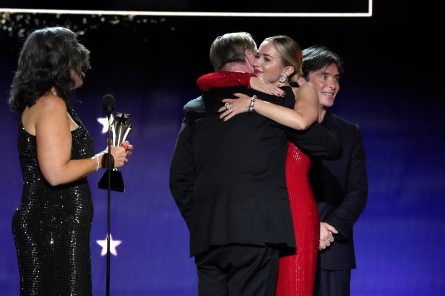 Emma Thomas, from left, Christopher Nolan, Emily Blunt, and Cillian Murphy accept the award for best picture for “Oppenheimer” during the 29th Critics Choice Awards on Sunday, Jan. 14, 2024, at the Barker Hangar in Santa Monica, Calif. (AP Photo/Chris Pizzello)