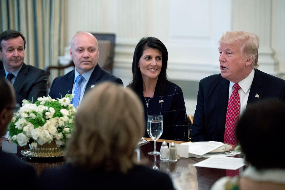 President Donald Trump with Nikki Haley and ambassadors