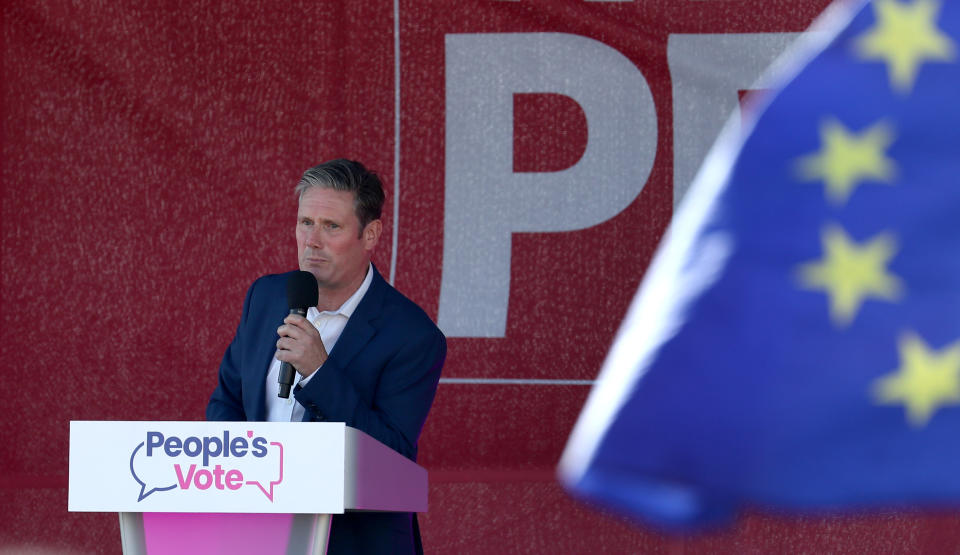 Shadow Brexit Secretary Sir Keir Starmer speaks at the Anti-Brexit 'Trust the People' march and rally held by the People�s Vote campaign during the Labour Party Conference in Brighton.