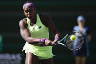 Coco Gauff, of the United States, returns to Yue Yuan, of China, during a quarterfinal match at the BNP Paribas Open tennis tournament, Thursday, March 14, 2024, in Indian Wells, Calif. (AP Photo/Mark J. Terrill)