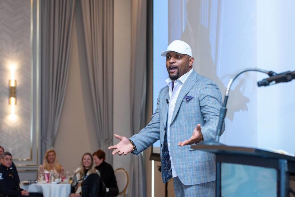 Ray Lewis demonstrated his legendary entrance dance on the morning of Friday, Jan. 12, 2024, and explained what it meant to him. That was one of the many times the Hall of Famer moved away from the lectern in passion at the Hood Hargett Breakfast Club meeting at Carmel Country Club.