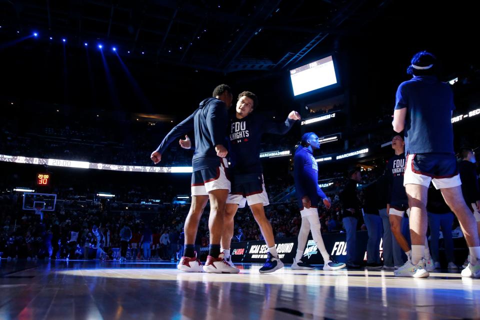 Mar 19, 2023; Columbus, OH, USA; Fairleigh Dickinson Knights enter the court before the game against the Florida Atlantic Owls at Nationwide Arena. Mandatory Credit: Joseph Maiorana-USA TODAY Sports