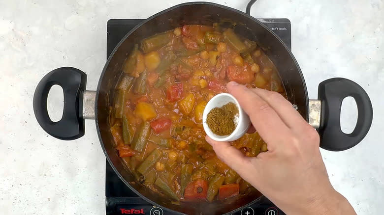 adding garam masala to curry