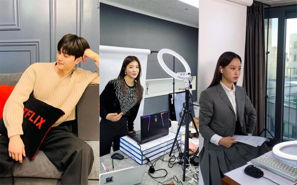 《Sweet Home》演員宋江（左起）、李施昤、高旻示分別在經紀公司辦公室以視訊方式參加記者會。（翻攝自演員Instagram）
