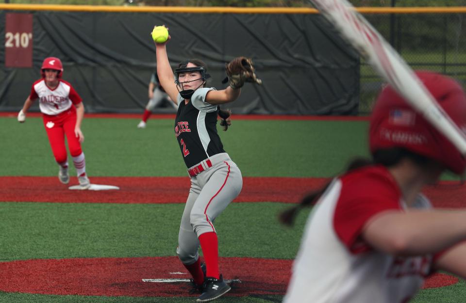 Tappan Zee's Keira Meyers pitching against North Rockland during the Rockland County Challenge at Haverstraw Sports Complex in Garnerville April 20, 2024.