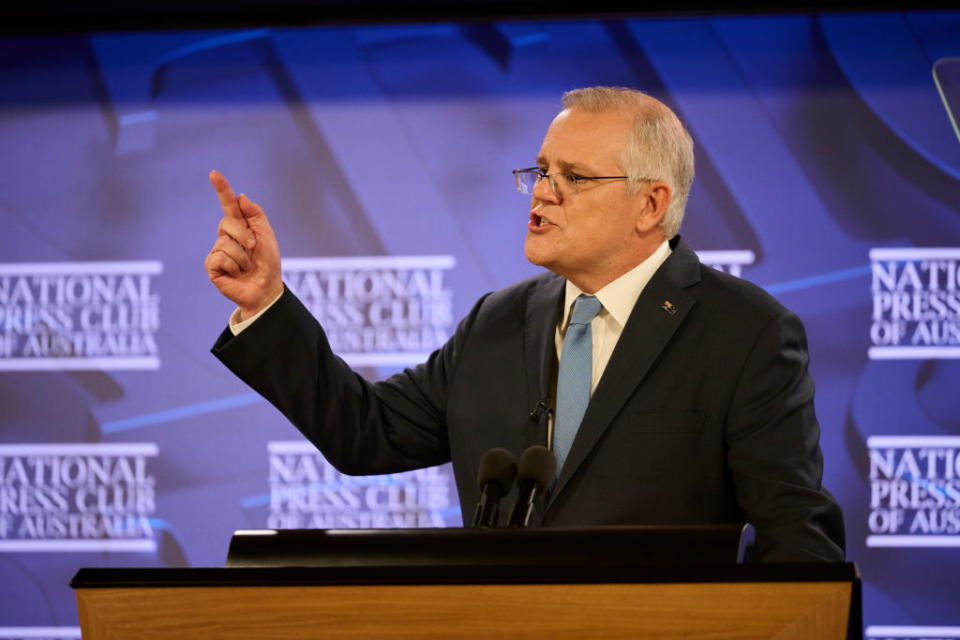 Prime Minister Scott Morrison speaks about his management of the pandemic at the National Press Club in Canberra, Australia. 