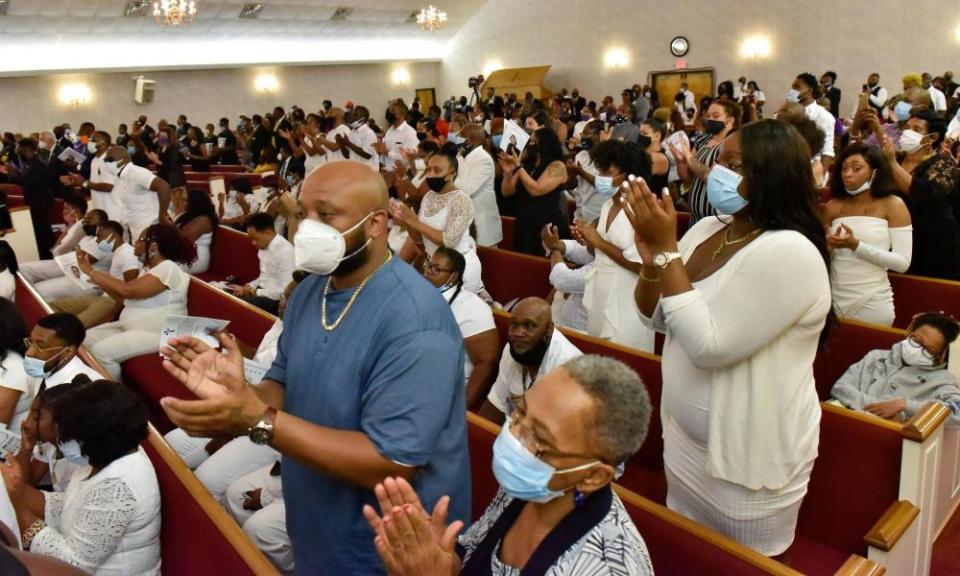 People attend George Floyd’s memorial in Raeford, North Carolina.