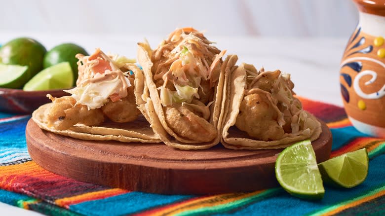 Baja shrimp tacos on Mexican tablecloth