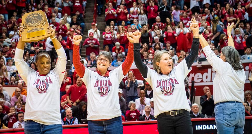 Members of the 1983 Indiana Unversity women's basketball team are honored for their Big Ten Champsionship during the first half of the Indiana versus Purdue women's basketball game at Simon Skjodt Assembly Hall on Sunday, Feb. 19, 2023.