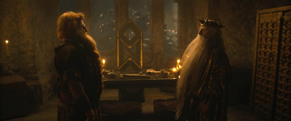 Owain Arthur as Prince Durin IV and Peter Mullan as King Durin III in Season 2 of The Rings of Power. 