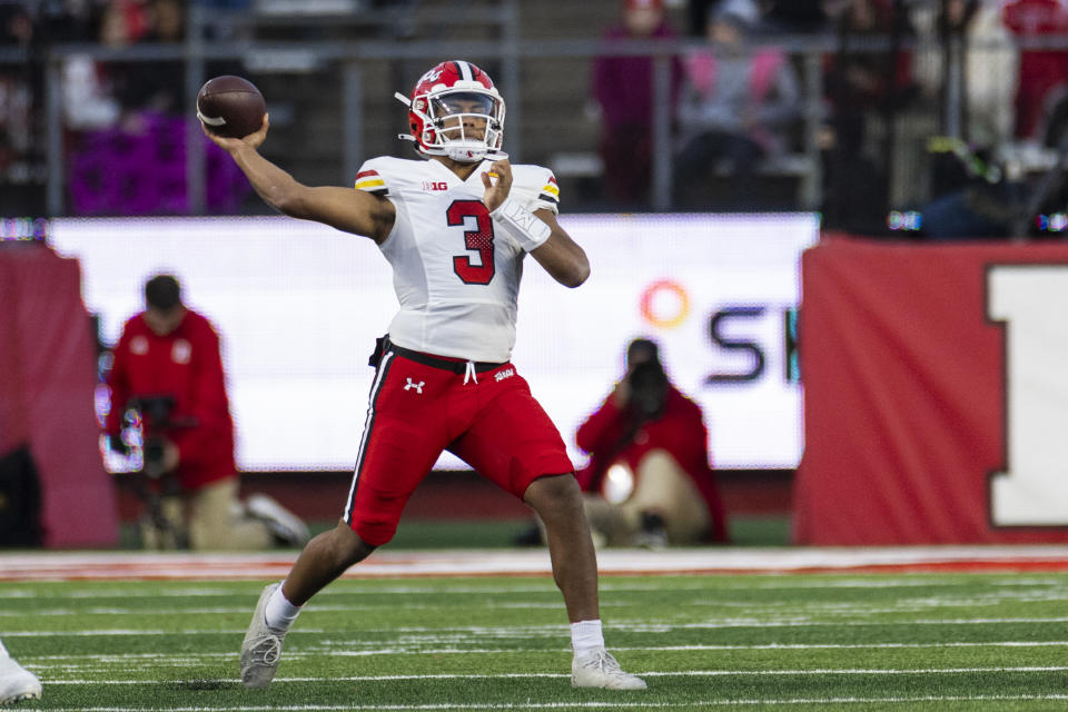 Maryland quarterback Taulia Tagovailoa (3) looks to throw a pass in the first half of an NCAA college football game against the Rutgers, Saturday, Nov. 25, 2023, in Piscataway, N.J. (AP Photo/Corey Sipkin)