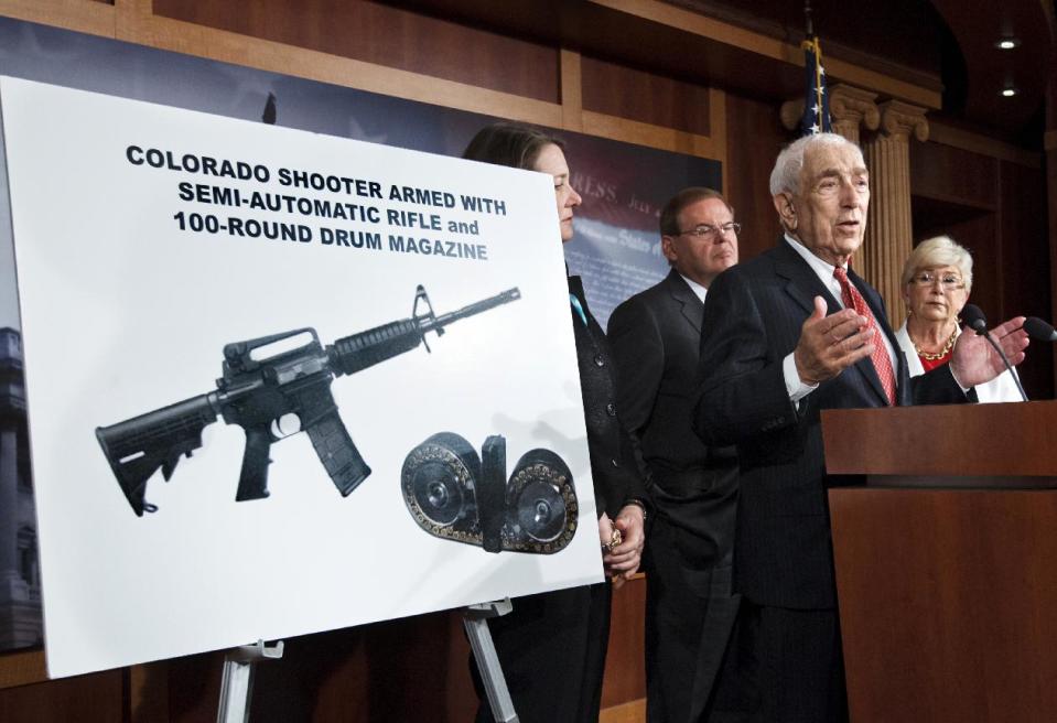 Sen. Frank Lautenberg, D-N.J., center, leads a news conference on Capitol Hill in Washington, Tuesday, July 24, 2012, to criticize the sale of high-capacity magazines for assault rifles that are sold to the public. From left are, Rep. Diana DeGette, D-Colo., Sen. Robert Menendez, D-N.J., Lautenberg, and Rep. Carolyn McCarthy, D-N.Y. A previous federal ban on high-capacity ammunition magazines was allowed to lapse in 2004. (AP Photo/J. Scott Applewhite)