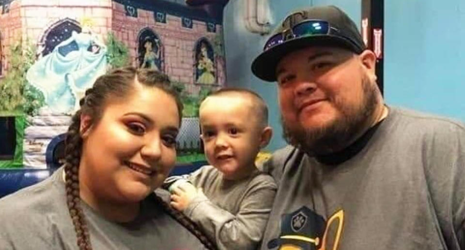 Raiden Gonzalez (centre) with his late mother Mariah (left) and his father, Adan (right) who both died from coronavirus.