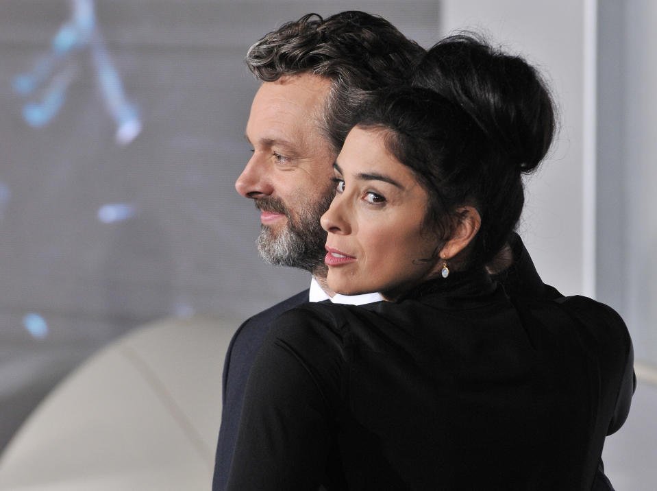 (L-R) Michael Sheen and Sarah Silverman arrives at the "Passengers" Los Angeles Premiere held at the Fox Village Theatre in Westwood, CA on Wednesday, December 14, 2016. (Photo By Sthanlee B. Mirador) *** Please Use Credit from Credit Field ***