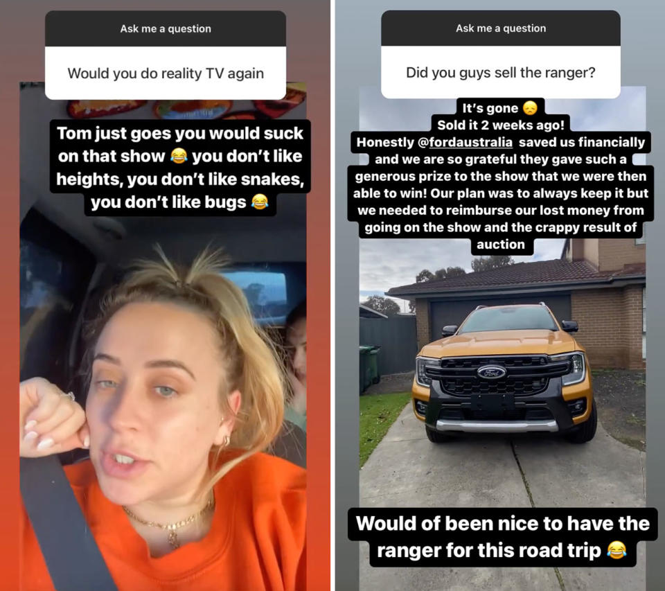 L: The Block star Sarah-Jane doing an Instagram Q&A from her car. R: Instagram story of Sarah-Jane and Tom's Ford Ranger that they sold