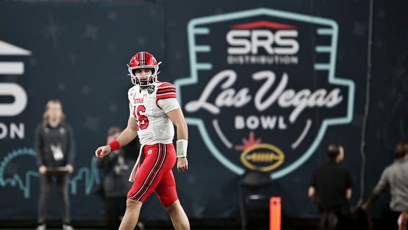 Utah Utes quarterback Bryson Barnes (16) walks off the field after being sacked as Utah and Northwestern play in the SRS Distribution Las Vegas Bowl on Saturday, Dec. 23, 2023.
