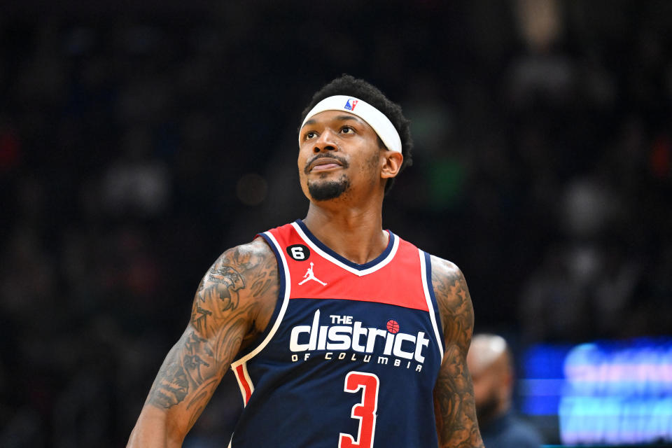 CLEVELAND, OHIO - MARCH 17: Bradley Beal #3 of the Washington Wizards watches a free throw during the first half of the game against the Cleveland Cavaliers at Rocket Mortgage Fieldhouse on March 17, 2023 in Cleveland, Ohio. NOTE TO USER: User expressly acknowledges and agrees that, by downloading and or using this photograph, User is consenting to the terms and conditions of the Getty Images License Agreement. (Photo by Jason Miller/Getty Images)