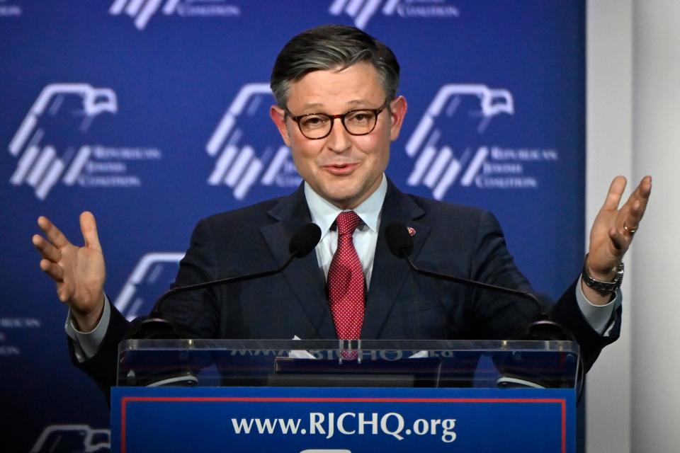 Speaker of the House Mike Johnson, R-La., speaks at an annual leadership meeting of the Republican Jewish Coalition, Saturday, Oct. 28, 2023, in Las Vegas.