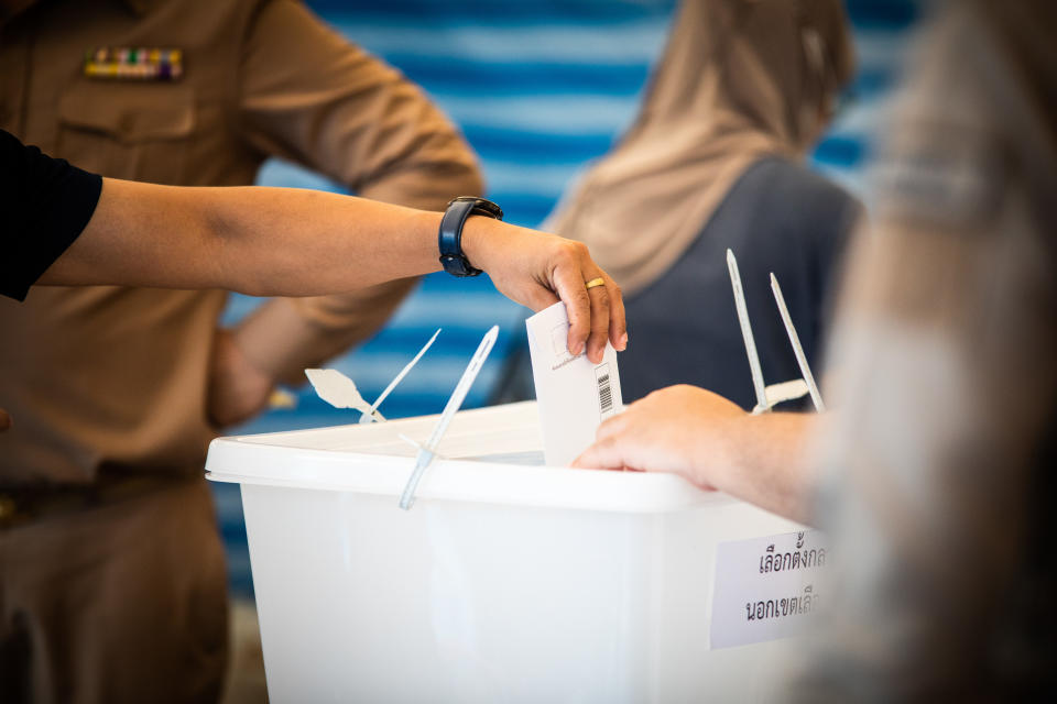 People cast their ballots for the Thai General Election during early voting day in Bangkok on May 07, 2023.<span class="copyright">Getty Images—2023 Getty Images</span>