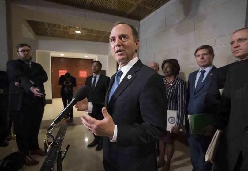 FILE - In this Thursday, Feb. 28, 2019 file photo, Rep. Adam Schiff, chairman of the House Intelligence Committee, talks to reporters after a day of interviewing Michael Cohen, President Donald Trump's former lawyer, on Capitol Hill in Washington. Democrats are undertaking several broad new investigations into President Trump and setting the stage for a post-Robert Mueller world. Schiff, said Republicans had prematurely closed the matter of Russian interference in the 2016 election without interviewing key witnesses and demanding important documents. (AP Photo/J. Scott Applewhite, File)