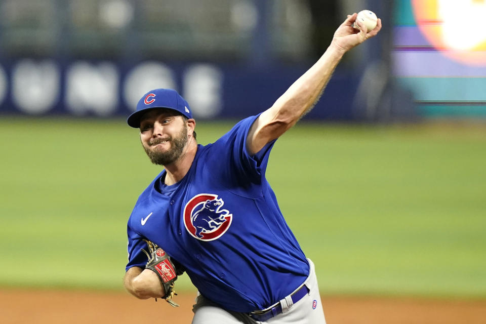 Chicago Cubs starting pitcher Wade Miley throws during the third inning of a baseball game against the Miami Marlins, Monday, Sept. 19, 2022, in Miami. (AP Photo/Lynne Sladky)