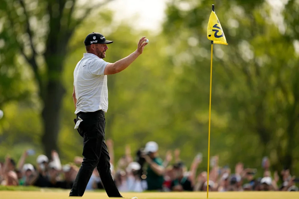 Michael Block celebrates after his hole-in-one on the 15th hole during the final round of the PGA Championship golf tournament at Oak Hill Country Club on Sunday, May 21, 2023, in Pittsford, N.Y. (AP Photo/Abbie Parr)