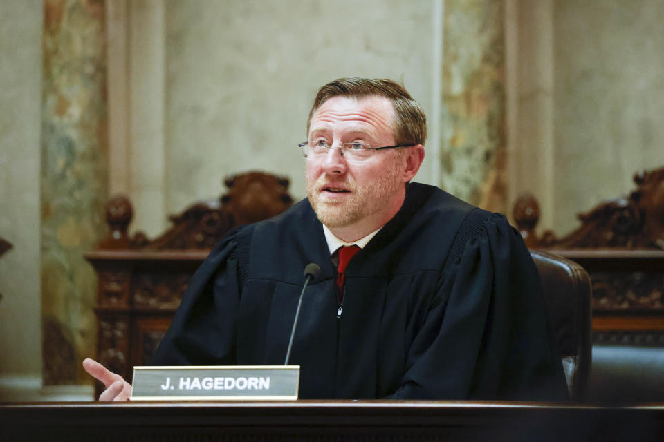Wisconsin Supreme Court Justice Brian Hagedorn asks a question during arguments at a redistricting hearing at the Wisconsin state Capitol Building in Madison on Tuesday, Nov. 21, 2023. on Tuesday, Nov. 21, 2023. (Ruthie Hauge/The Capital Times via AP, Pool)