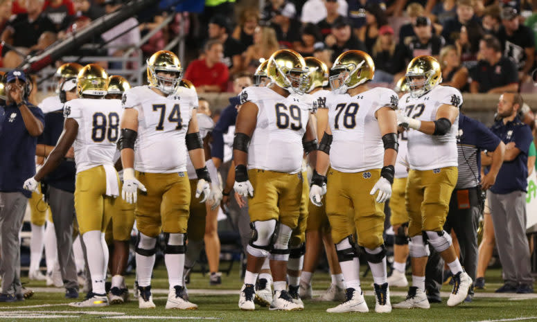 Notre Dame offensive line during a 2019 game against Louisville.