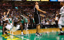 BOSTON, MA - NOVEMBER 28: Kevin Garnett #5 of the Boston Celtics lands on the court after going up for a shot in front of Kris Humphries #43 of the Brooklyn Nets during the game on November 28, 2012 at TD Garden in Boston, Massachusetts. Garnett would be fouled on the play which would start a fight between members of the two teams.