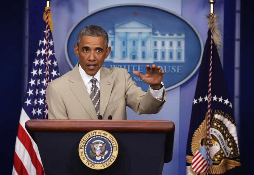 WASHINGTON, DC - AUGUST 28:  U.S. President Barack Obama makes a statement at the James Brady Press Briefing Room of the White House August 28, 2014 in Washington, DC. President Obama spoke on various topics including possible action against ISIL and immigration reform.  (Photo by Alex Wong/Getty Images)