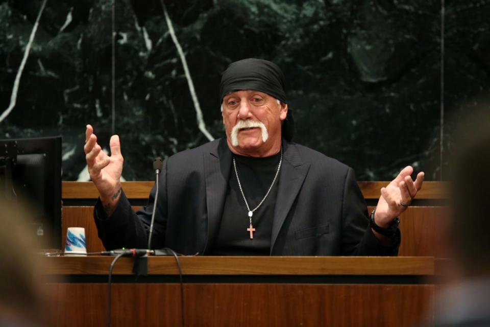 <div class="inline-image__caption"><p>Terry Bollea, aka Hulk Hogan, testifies in court during his trial against Gawker Media at the Pinellas County Courthouse on March 8, 2016, in St Petersburg, Florida.</p></div> <div class="inline-image__credit">John Pendygraft/Getty</div>