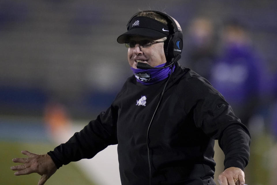 TCU coach Gary Patterson directs his team during the second half of an NCAA college football game against Kansas in Lawrence, Kan., Saturday, Nov. 28, 2020. TCU won 59-23. (AP Photo/Orlin Wagner)