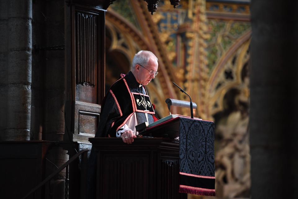 The Archbishop of Canterbury Justin Welby speaking at Westminster Abbey in London, during a service to mark Armistice Day and the centenary of the burial of the unknown warrior. PA Photo. Picture date: Wednesday November 11, 2020.  (Jeremy Selwyn/Evening Standard/PA Wire)