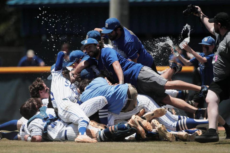 Berkeley celebrates defeating Fort Mill in the Class 5A South Carolina baseball state championship on Saturday, May 28, 2022.