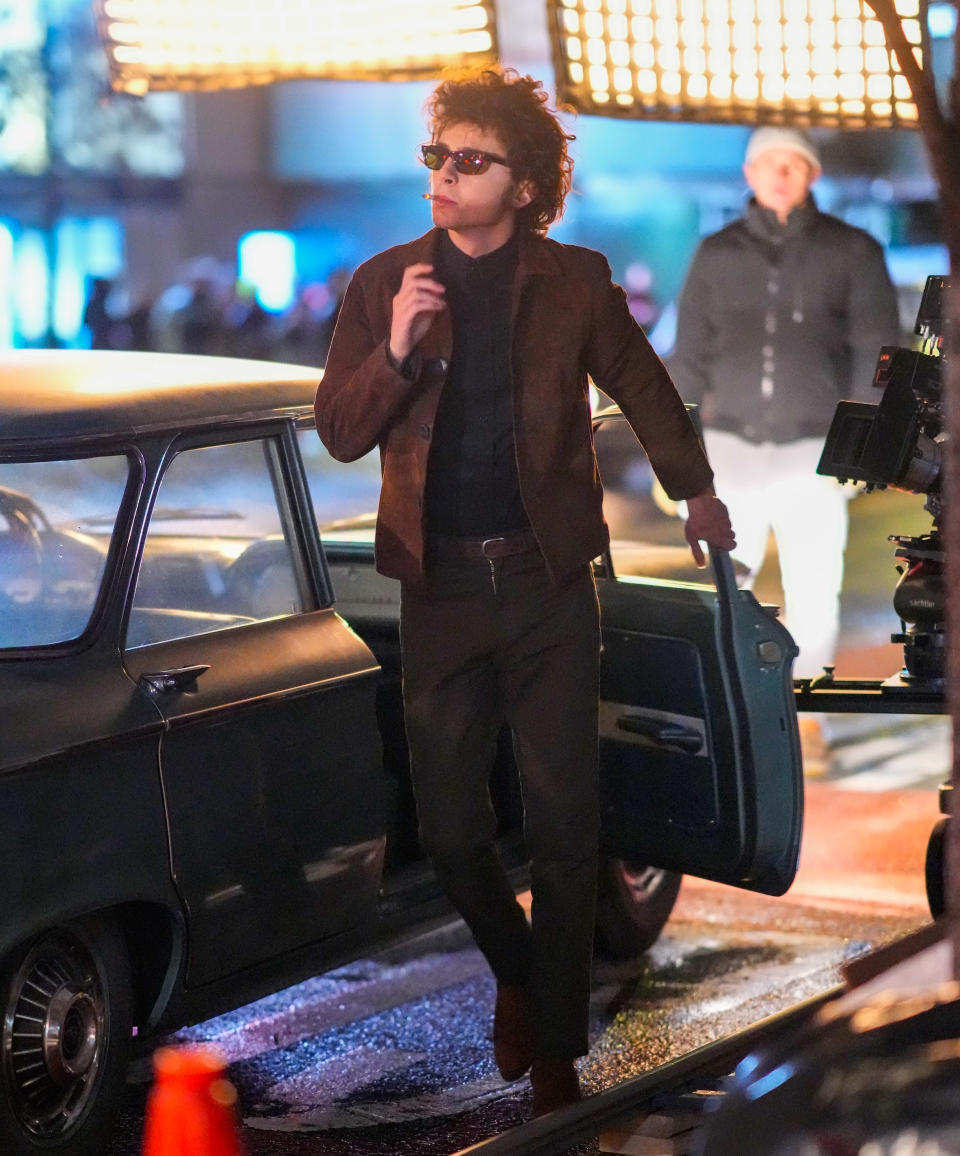 NEW YORK, NEW YORK – MARCH 24: Timothee Chalamet is seen on location for the Bob Dylan biopic titled ‘A Complete Unknown’ on March 24, 2024 in New York City. (Photo by Gotham/GC Images)