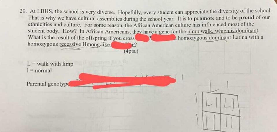 Esta pregunta apareció en un examen final de Biología de Luther Burbank High School en junio de 2024. Las fuentes que proporcionaron las imágenes al Sacramento Bee ocultaron los nombres de los alumnos.