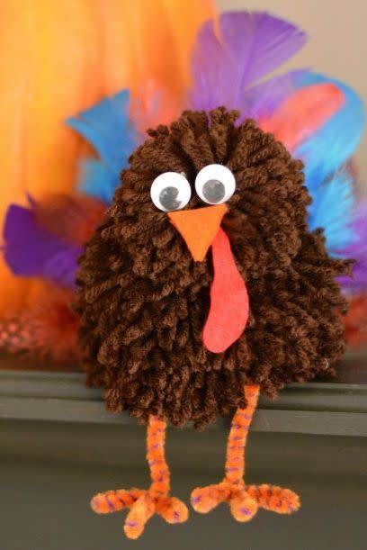 <p>These just might be the most adorable turkeys we've ever seen. Clad in brown yarn and <a href="https://www.amazon.com/Carykon-Pieces-Chenille-Cleaners-Crafts/dp/B07BVMMQZB?tag=syn-yahoo-20&ascsubtag=%5Bartid%7C10050.g.28638625%5Bsrc%7Cyahoo-us" rel="nofollow noopener" target="_blank" data-ylk="slk:orange pipe cleaners;elm:context_link;itc:0;sec:content-canvas" class="link ">orange pipe cleaners</a>, they're a sight to behold—and we promise they're really easy to make too!</p><p><strong>Get the tutorial at <a href="https://growingupgabel.com/pom-pom-thanksgiving-craft/" rel="nofollow noopener" target="_blank" data-ylk="slk:Growing Up Gabel;elm:context_link;itc:0;sec:content-canvas" class="link ">Growing Up Gabel</a>.</strong></p><p><a class="link " href="https://www.amazon.com/Darice-10174-50-Pom-Poms-Pkg-Brown/dp/B002JPTEZQ?tag=syn-yahoo-20&ascsubtag=%5Bartid%7C10050.g.28638625%5Bsrc%7Cyahoo-us" rel="nofollow noopener" target="_blank" data-ylk="slk:SHOP BROWN POM-POMS;elm:context_link;itc:0;sec:content-canvas">SHOP BROWN POM-POMS</a> </p>