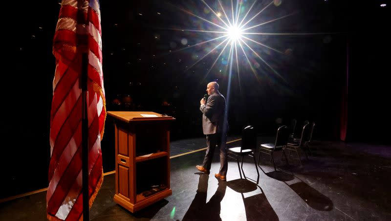 Gov. Spencer Cox is pictured on his Connecting Utah Tour at Tooele High School on Monday, March 20, 2023. Utah’s governor has an overall 64% approval rating in a new Deseret News/Hinckley Institute of Politics poll.