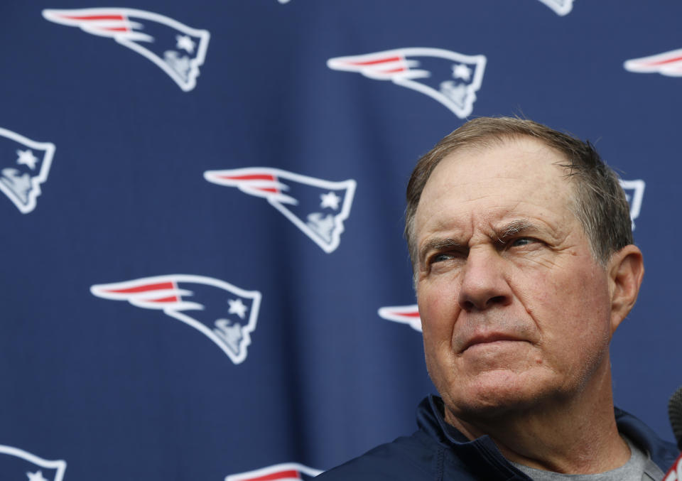 New England head football coach Bill Belichick listens to a question prior to a joint practice between the Patriots and New Orleans Saints at the Saint’s NFL football training camp in White Sulphur Springs, W.Va., Wednesday, Aug. 19, 2015. (AP Photo/Steve Helber)