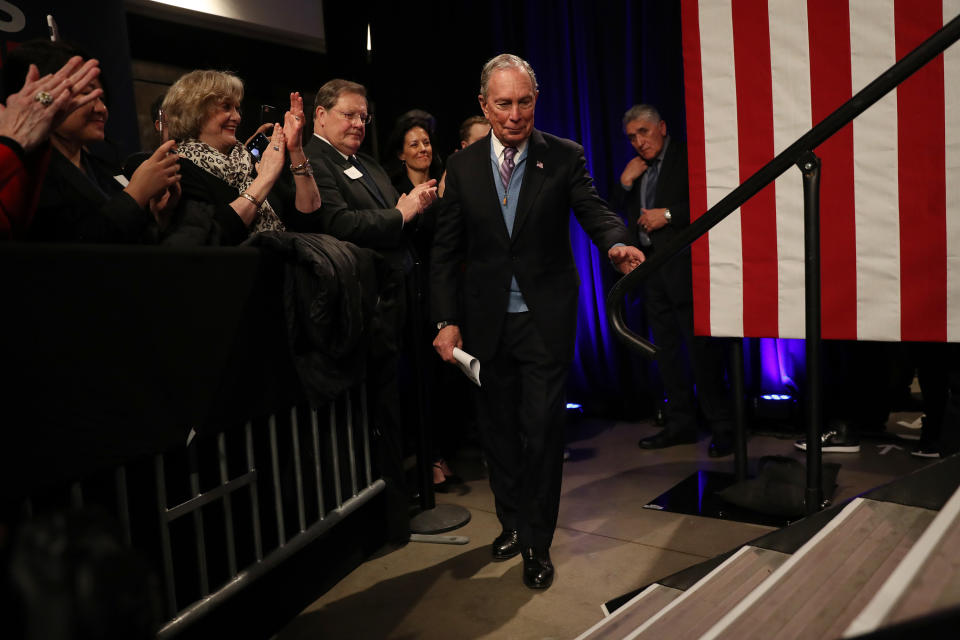 BENTONVILLE, AR - FEBRUARY 27: Democratic presidential candidate, former New York City mayor Mike Bloomberg arrives to speak during a rally held at the Record Downtown on February 27, 2020 in Bentonville, Arkansas. Bloomberg is campaigning before voting starts on Super Tuesday, March 3.   (Photo by Joe Raedle/Getty Images)