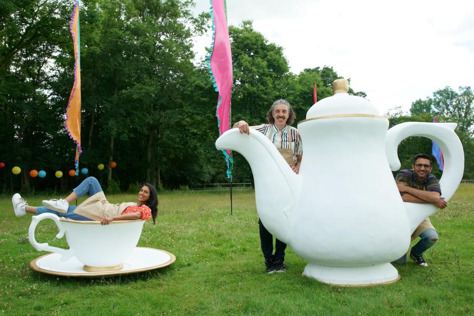 Great British Bake Off S5 FINAL.  Giuseppe, Crystelle and Chigs with giant tea set.