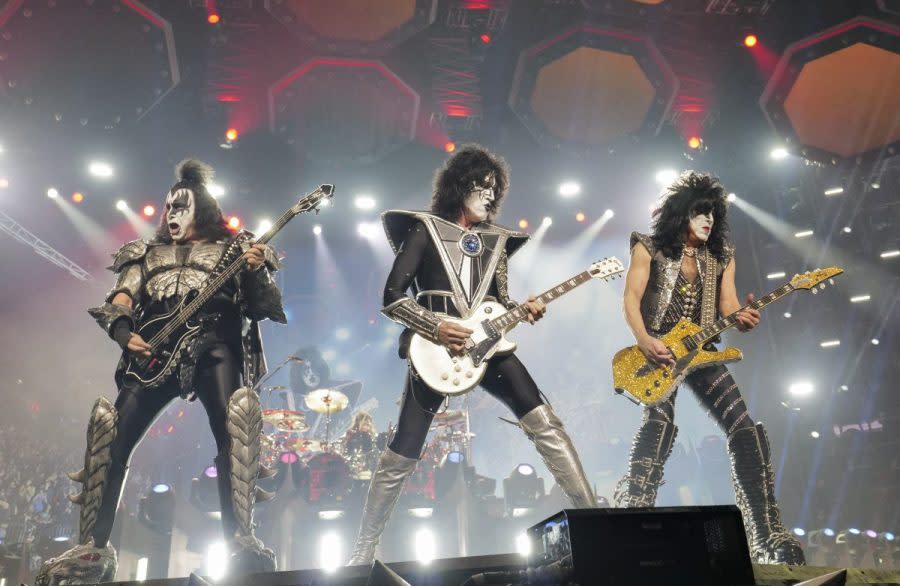 Gene Simmons, from left, Tommy Thayer, and Paul Stanley of KISS perform during the final night of the "Kiss Farewell Tour"at Madison Square Garden in New York on Dec. 2, 2023. (Photo by Evan Agostini/Invision/AP, File)