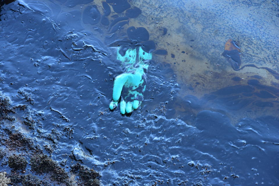 A rubber glove floats on oil as volunteers take part in the clean up operation in Mahebourg, Mauritius, Wednesday Aug. 12, 2020, surrounding the oil spill from the MV Wakashio, a bulk carrier ship that recently ran aground off the southeast coast of Mauritius. Anxious residents of this Indian Ocean island nation have stuffed fabric sacks with sugar cane leaves in an effort to stop the oil spill from reaching their shores. (AP Photo/Beekash Roopun-L'express Maurice)