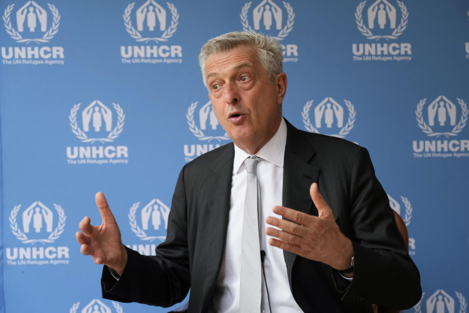 United Nations High Commissioner for Refugees Filippo Grandi speaks during an interview with The Associated Press in Nairobi, Kenya on the occasion of World Refugee Day Tuesday, June 20, 2023. Grandi visited the east African country and met with President William Ruto to show his appreciation for the country's planned integration programs allowing refugees to become self-sufficient. (AP Photo/Khalil Senosi)