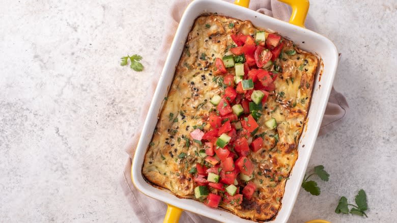 Salsa on scalloped potatoes