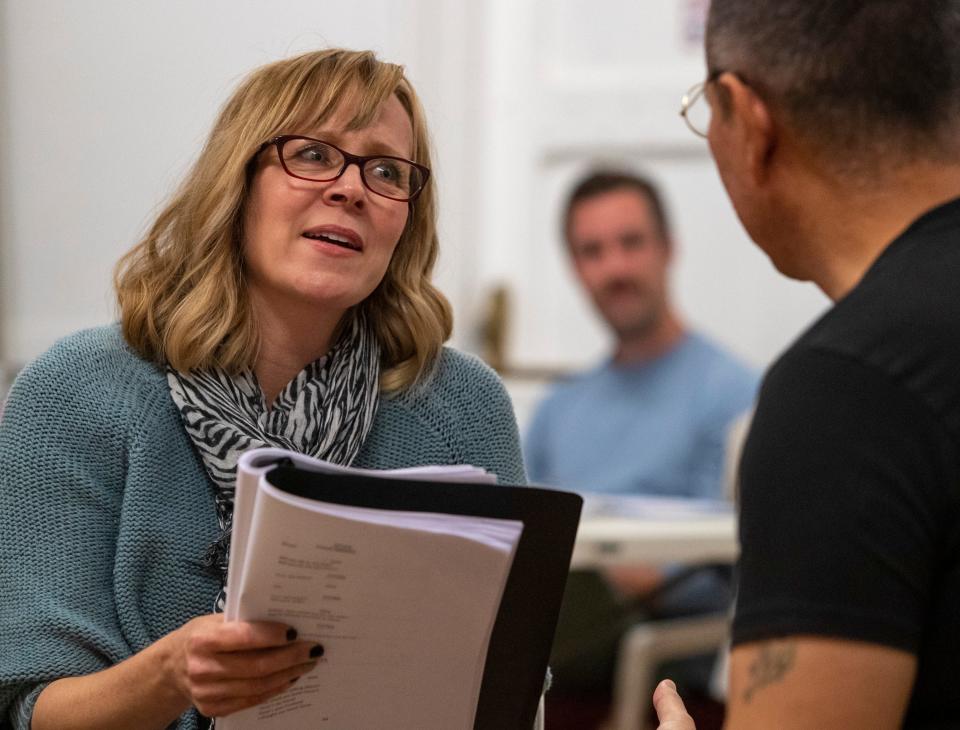 Angela Landis, standing in for another actress, reads lines during a scene with actor Charles Herrera playing Max Brod during a rehearsal of "Kafka's Joke" at Desert Art Center in Palm Springs, Calif., Thursday, March 2, 2023. 