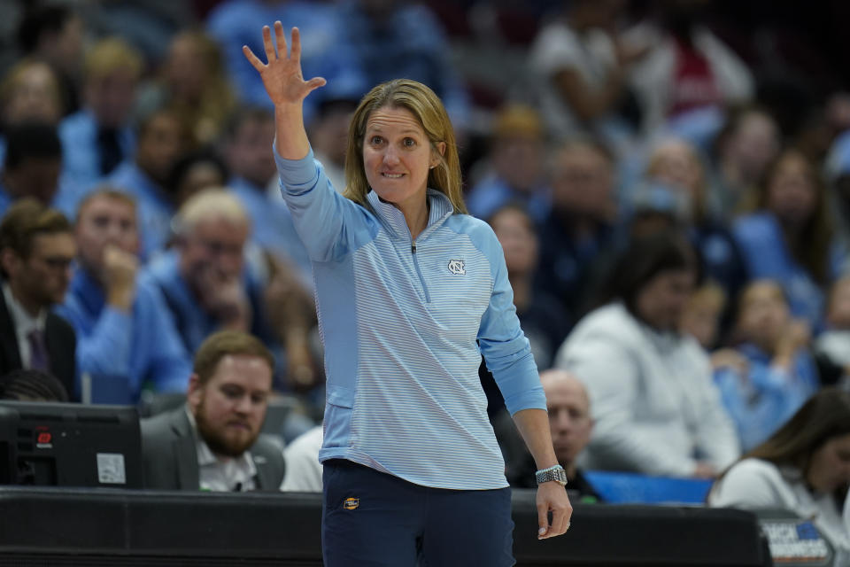 North Carolina head coach Courtney Banghart calls a play for her team as they played against the St. John's in the first half of a second-round college basketball game in the women's NCAA Tournament in Columbus, Ohio, Saturday, March 18, 2023. (AP Photo/Michael Conroy)