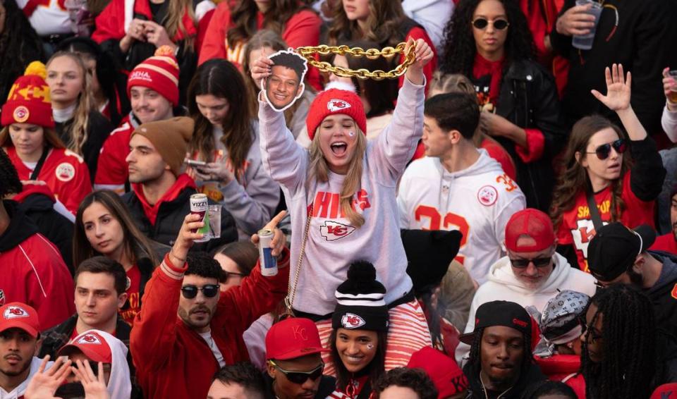 Kansas City Chiefs fans gather in the Power and Light District in downtown Kansas City to watch Super Bowl 58 on Sunday.