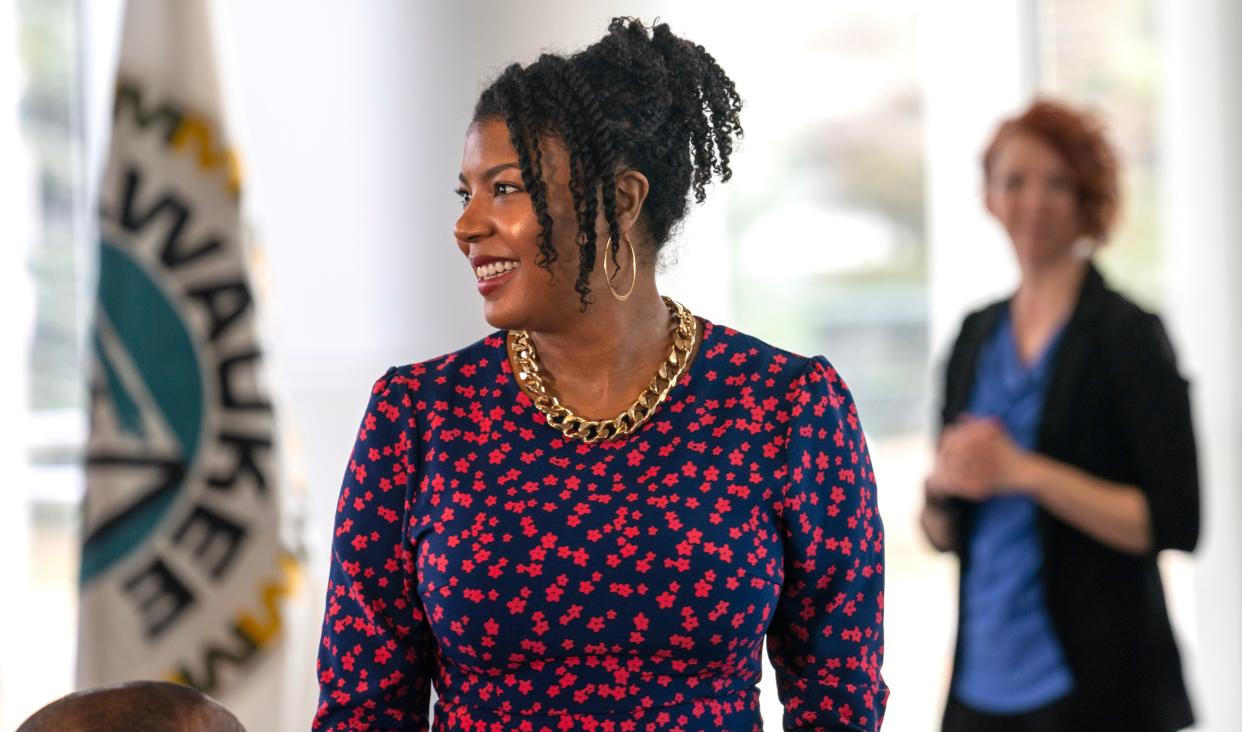 Milwaukee County Board Chairwoman Marcelia Nicholson is recognized by Milwaukee County Executive David Crowley while delivering his 2024 State of the County Address at Discovery World in Milwaukee, Wisconsin.



Mark Hoffman/Milwaukee Journal Sentinel