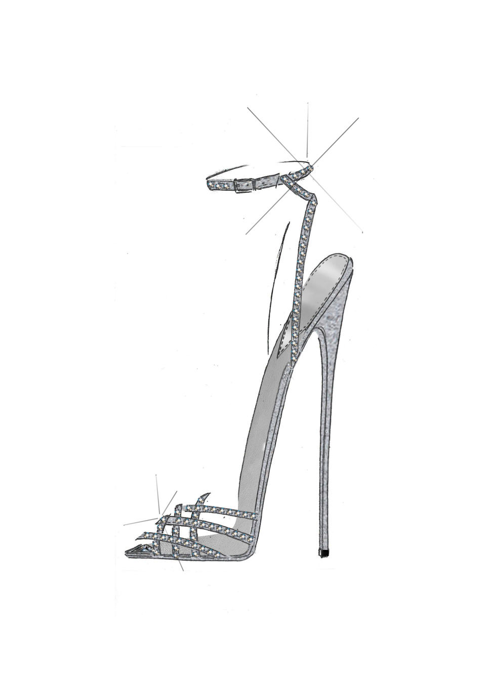 A sketch of a style from the “Nicolò Beretta mentored by <a href="https://wwd.com/fashion-news/fashion-scoops/giuseppe-zanotti-taps-nicolo-beretta-for-new-shoe-line-milan-fashion-week-1235331089/" rel="nofollow noopener" target="_blank" data-ylk="slk:Giuseppe Zanotti;elm:context_link;itc:0;sec:content-canvas" class="link ">Giuseppe Zanotti</a>” line.